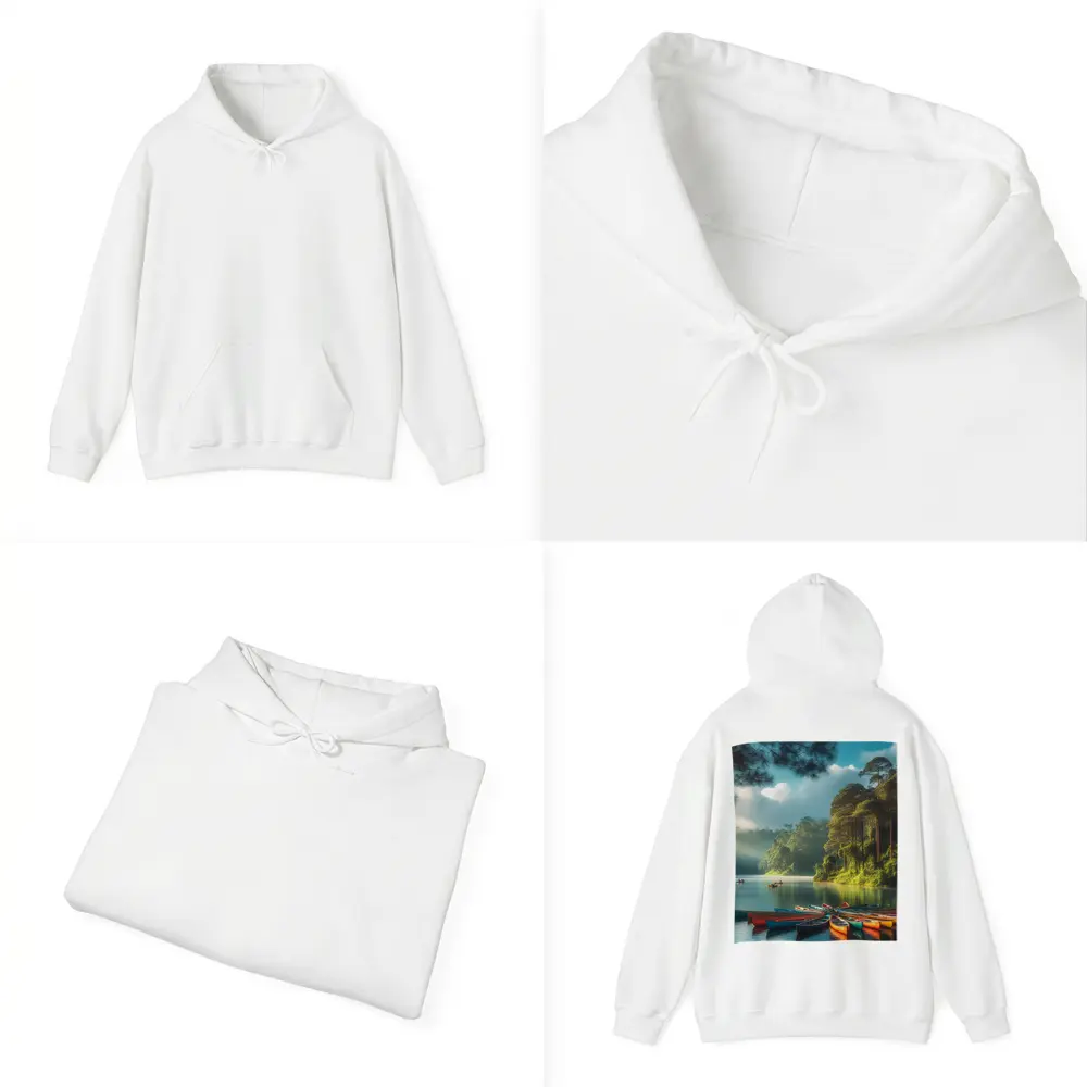 Colorful Canoes on Misty Forest Lake – Hoodies