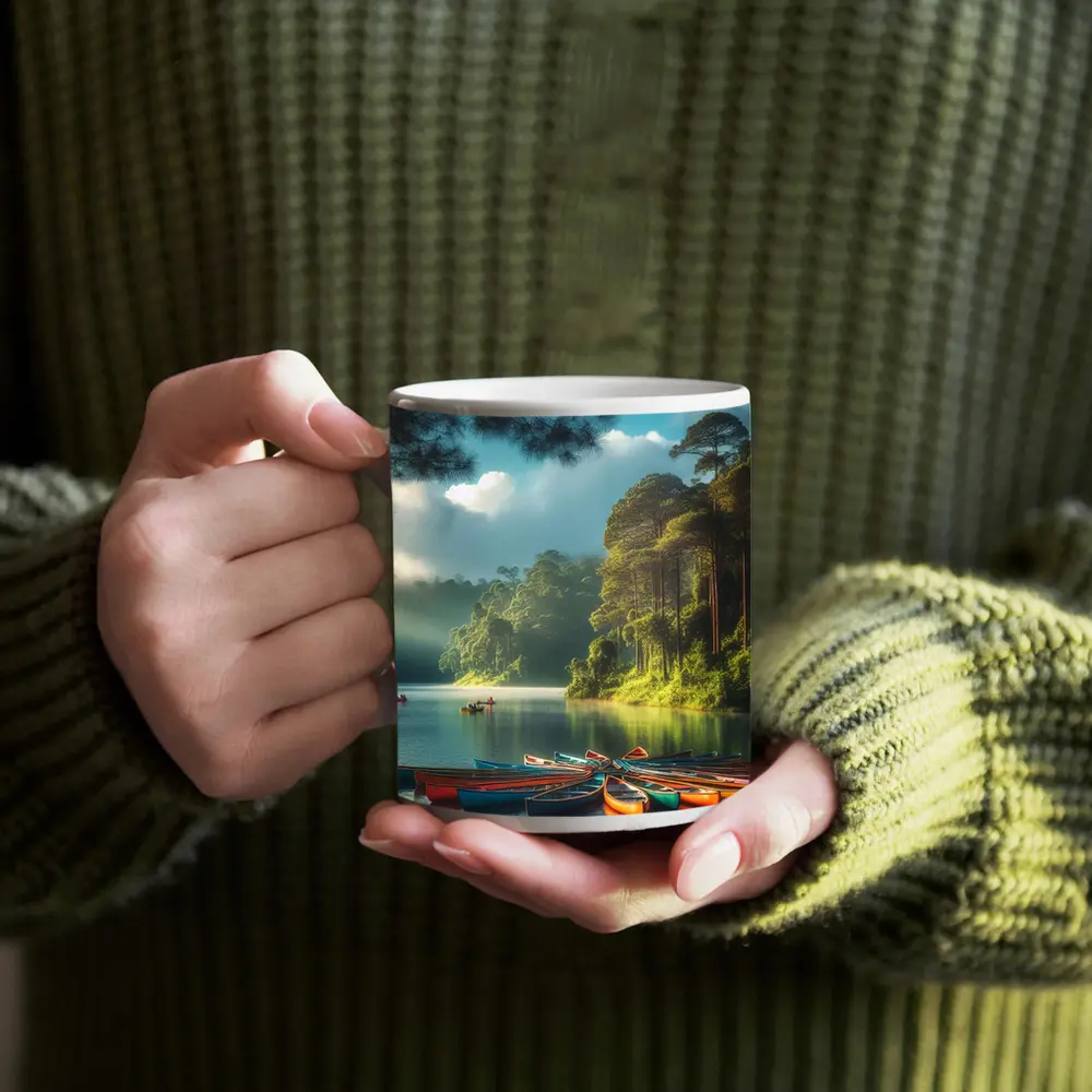 Colorful Canoes on Misty Forest Lake – Mugs