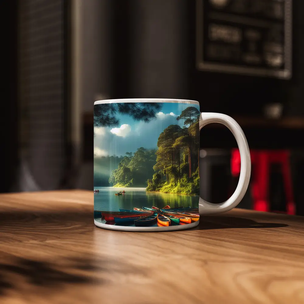 Colorful Canoes on Misty Forest Lake – Mugs