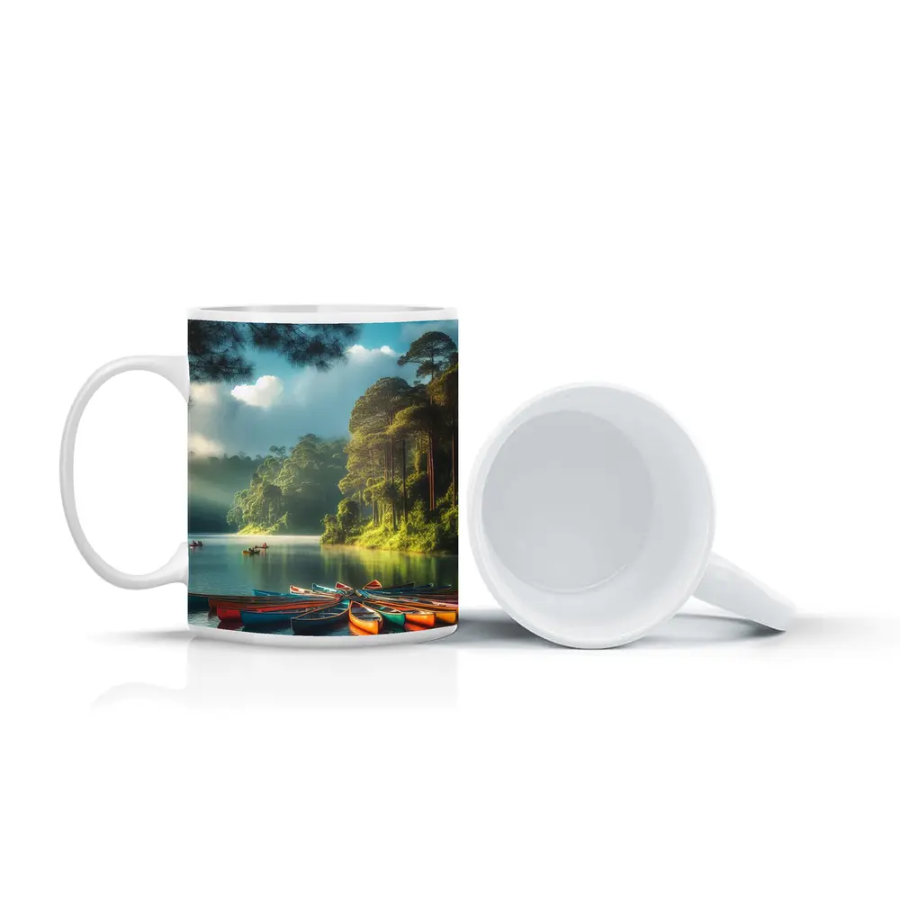 Colorful Canoes on Misty Forest Lake – Mugs
