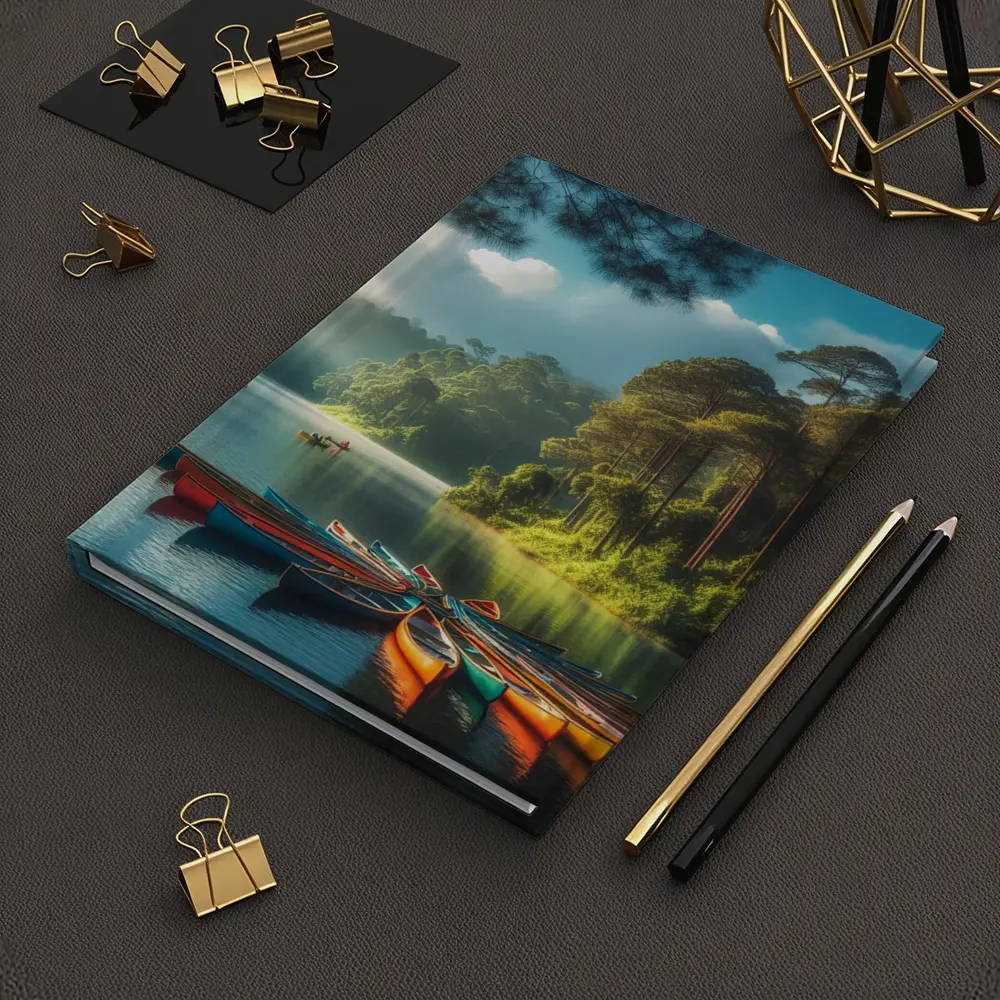Colorful Canoes on Misty Forest Lake – Notebooks