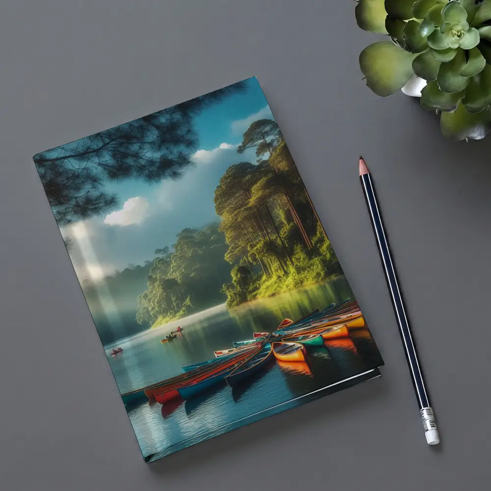 Colorful Canoes on Misty Forest Lake – Notebooks