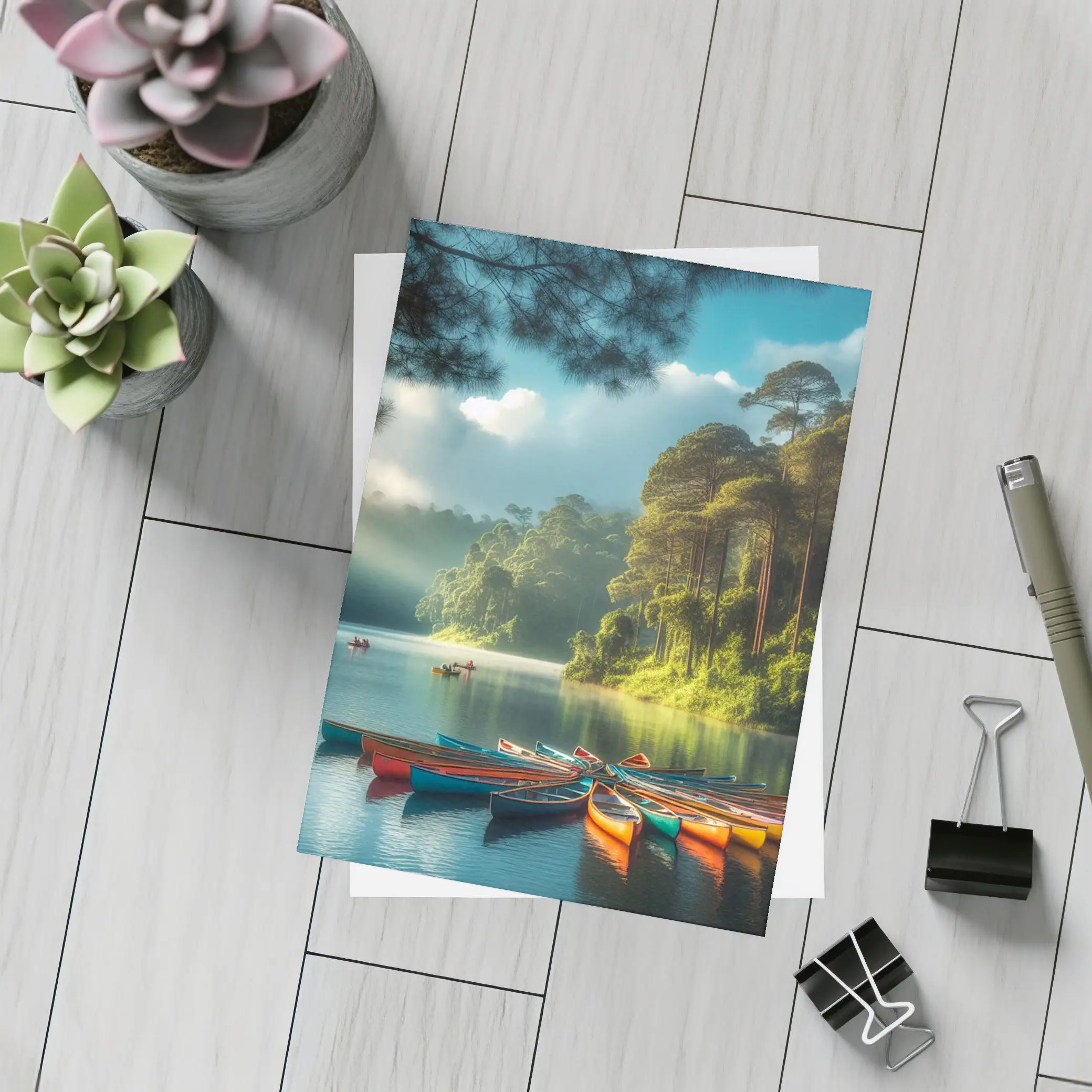 Colorful Canoes on Misty Forest Lake – Postcards