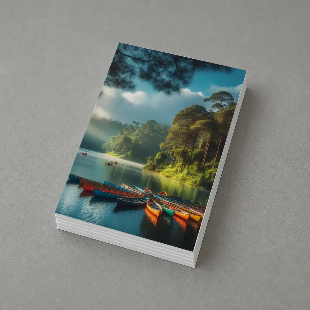 Colorful Canoes on Misty Forest Lake – Postcards