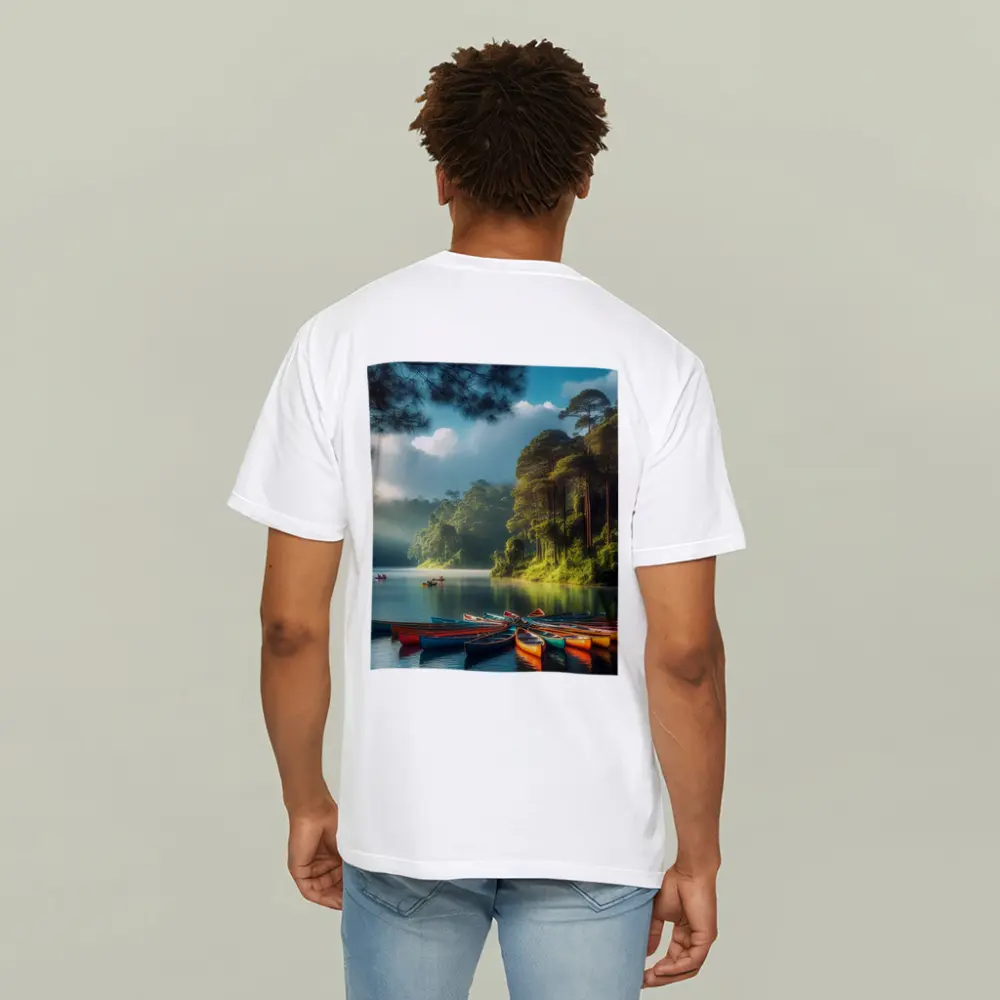 Colorful Canoes on Misty Forest Lake – T-Shirts