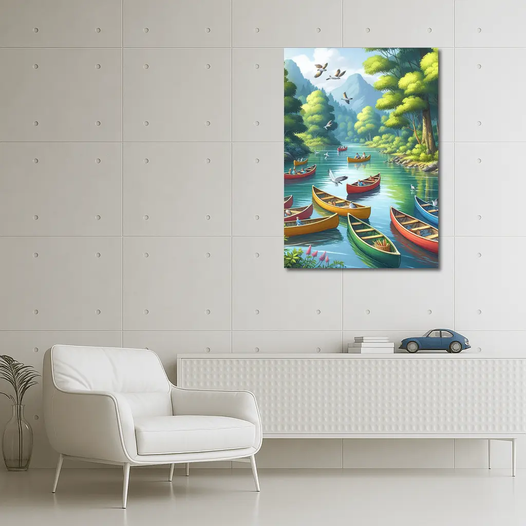 Colorful Canoes on Peaceful Forest River – Wall Art