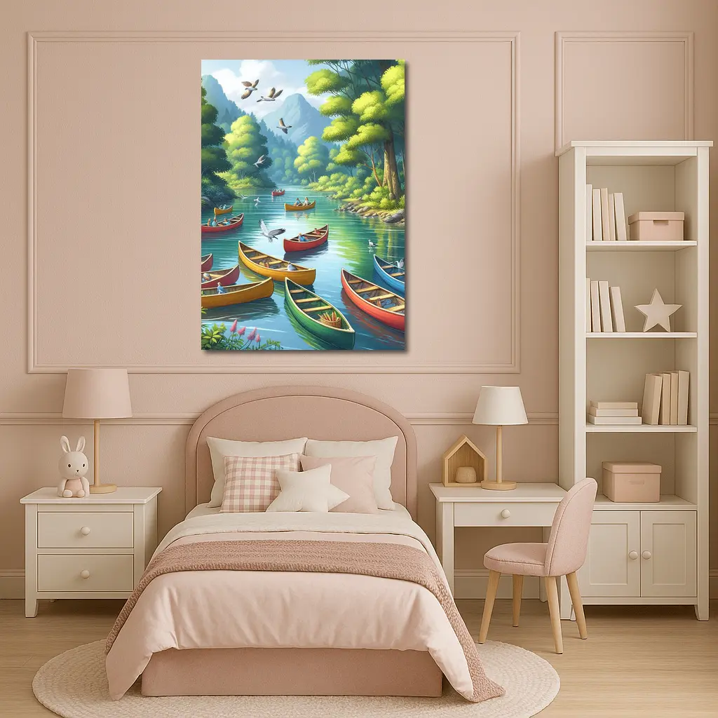 Colorful Canoes on Peaceful Forest River – Wall Art