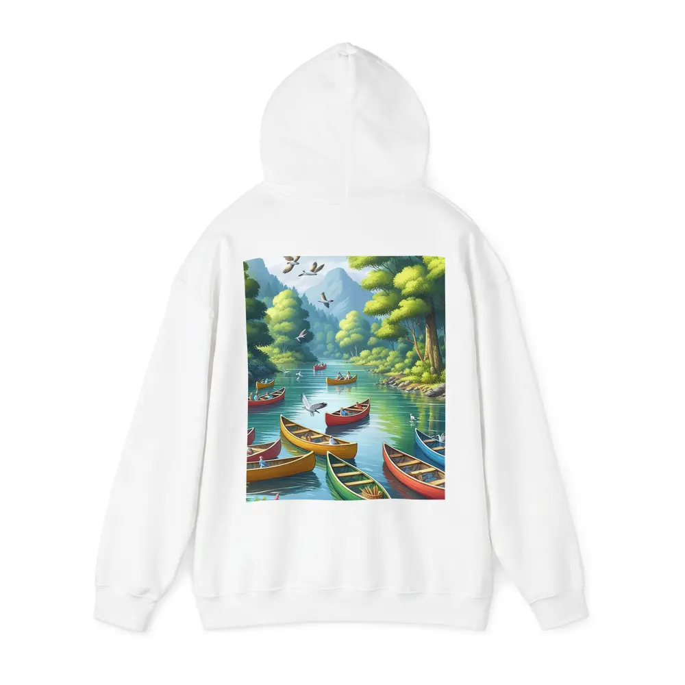 Colorful Canoes on Peaceful Forest River – Hoodies