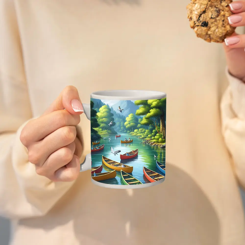 Colorful Canoes on Peaceful Forest River – Mugs