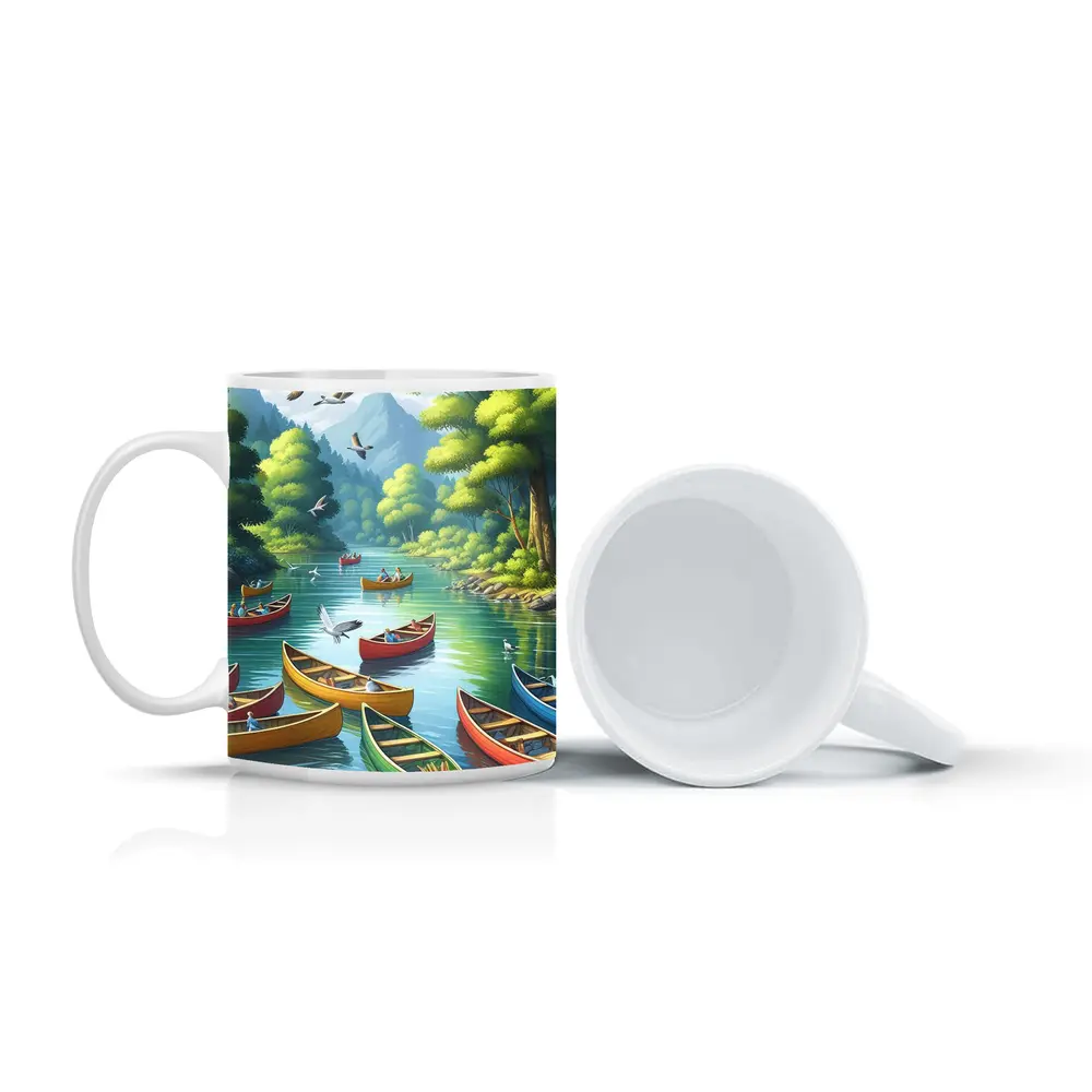 Colorful Canoes on Peaceful Forest River – Mugs