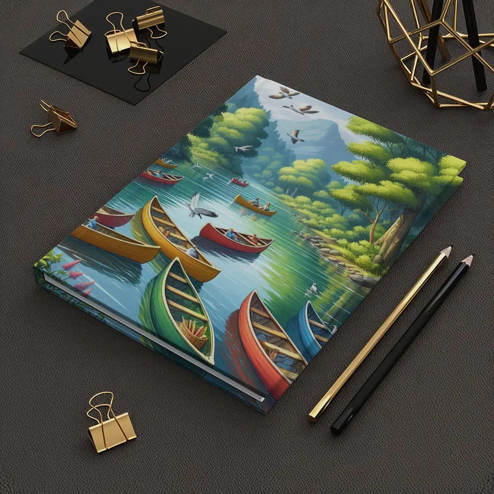 Colorful Canoes on Peaceful Forest River – Notebooks