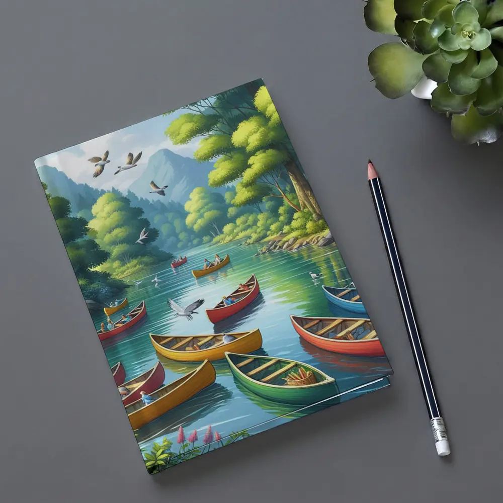 Colorful Canoes on Peaceful Forest River – Notebooks