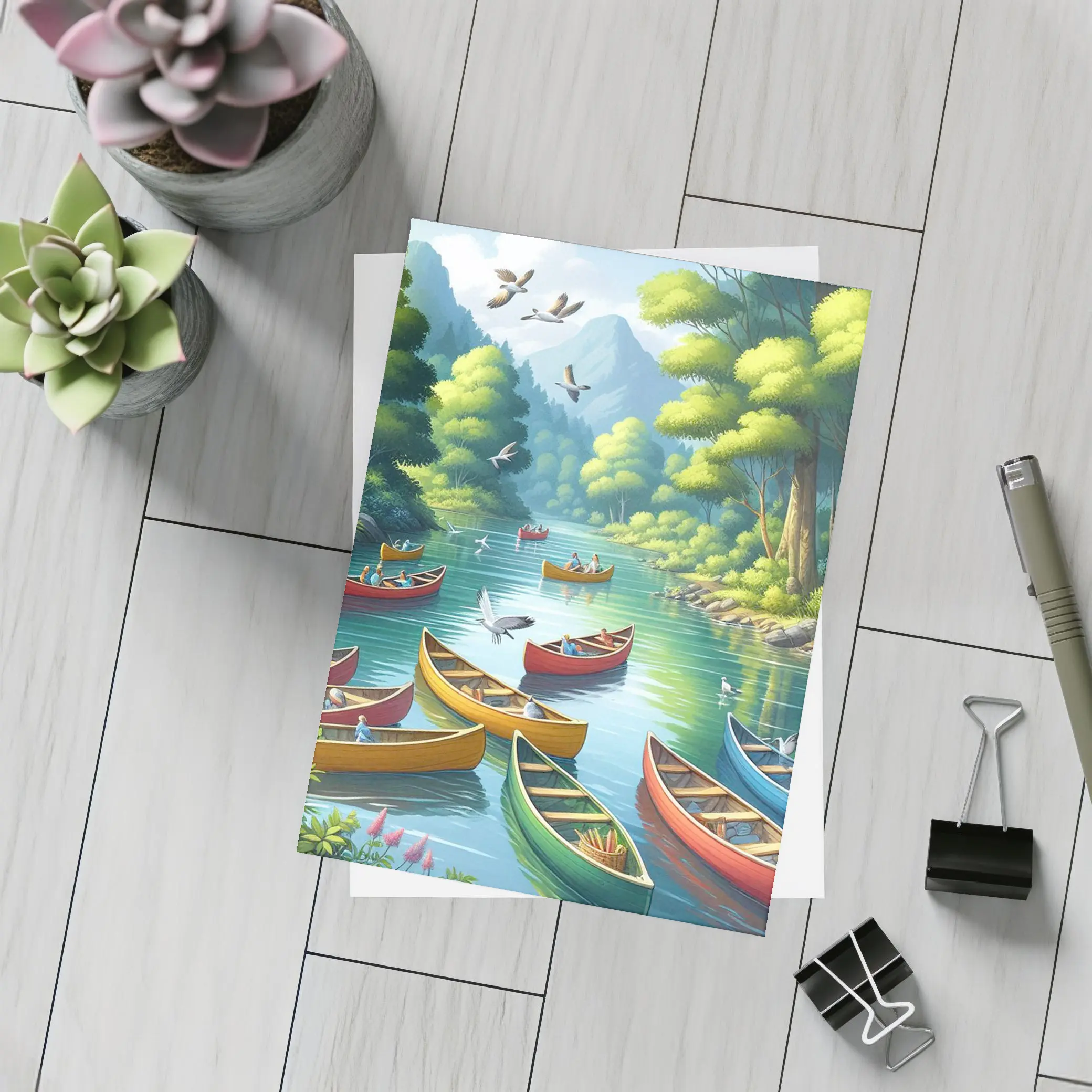 Colorful Canoes on Peaceful Forest River – Postcards