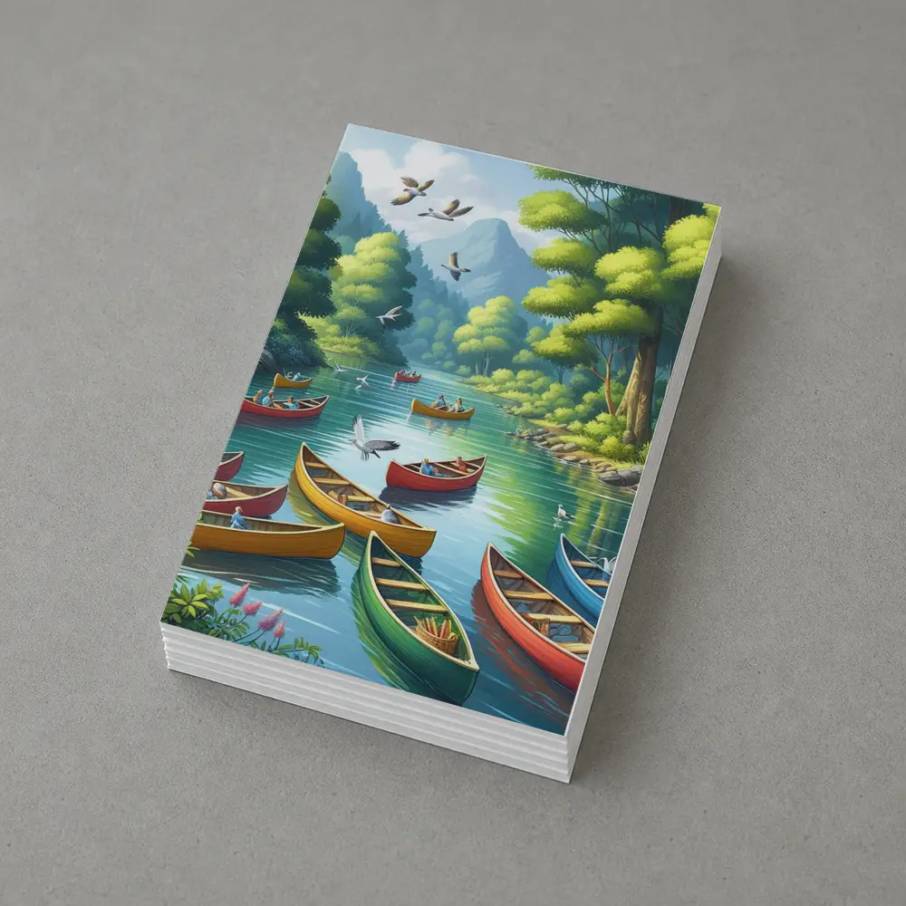 Colorful Canoes on Peaceful Forest River – Postcards