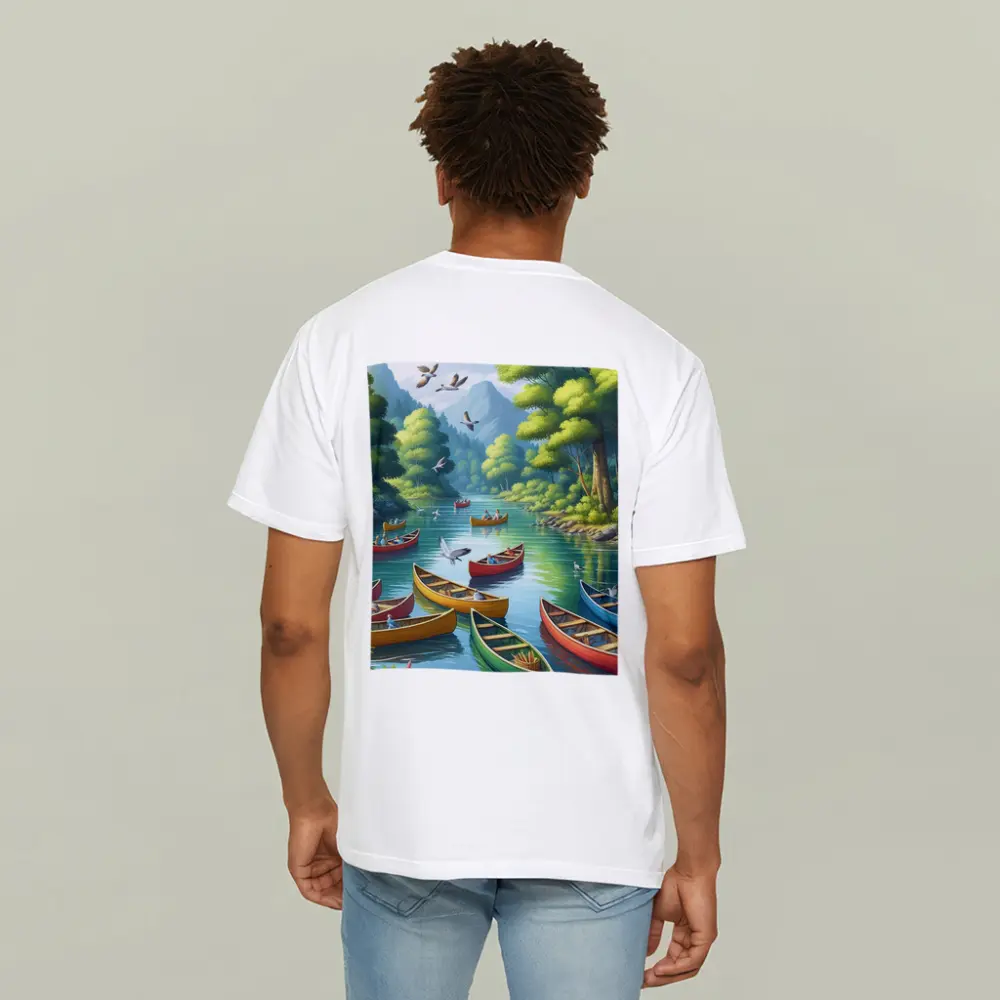 Colorful Canoes on Peaceful Forest River – T-Shirts