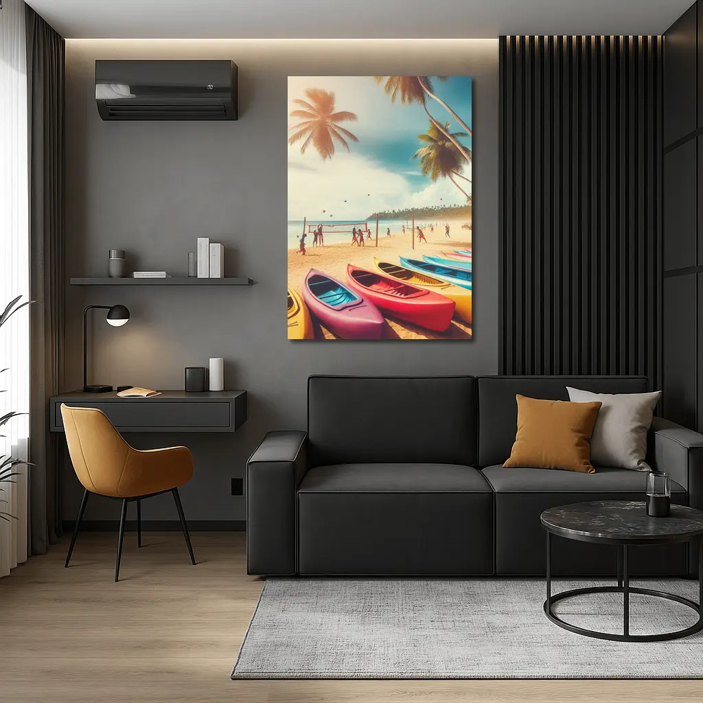 Beach Volleyball Colorful Kayaks Tropical Palm Trees – Wall Art