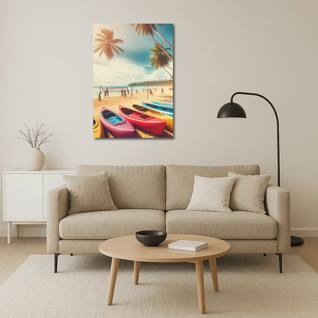 Beach Volleyball Colorful Kayaks Tropical Palm Trees – Wall Art