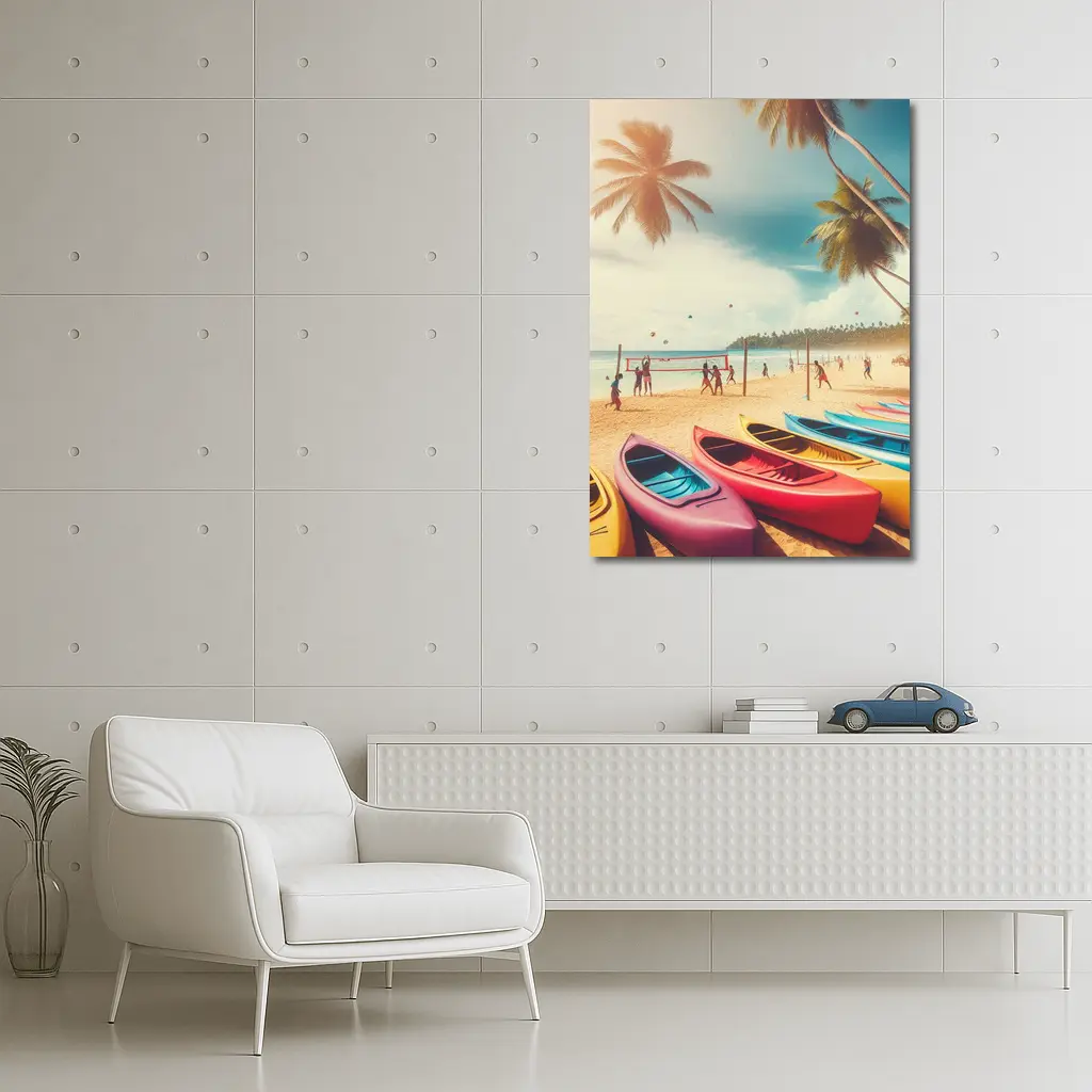 Beach Volleyball Colorful Kayaks Tropical Palm Trees – Wall Art