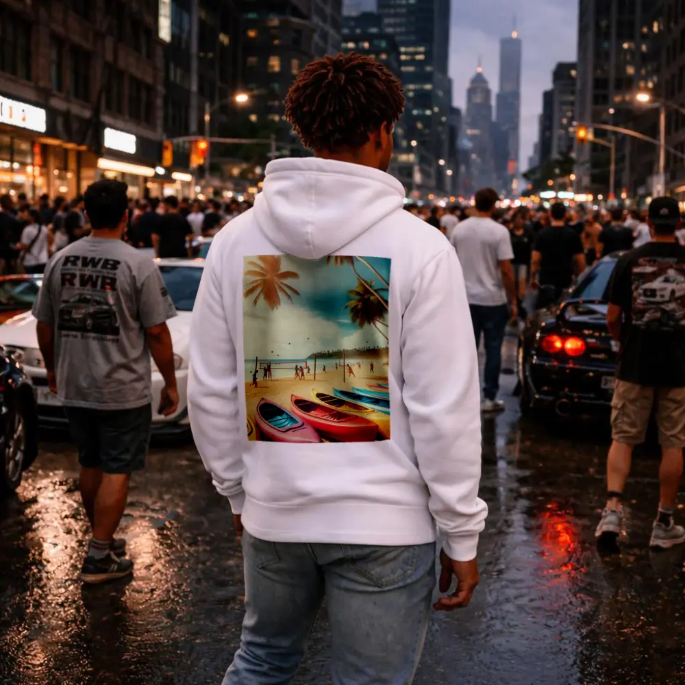 Beach Volleyball Colorful Kayaks Tropical Palm Trees – Hoodies