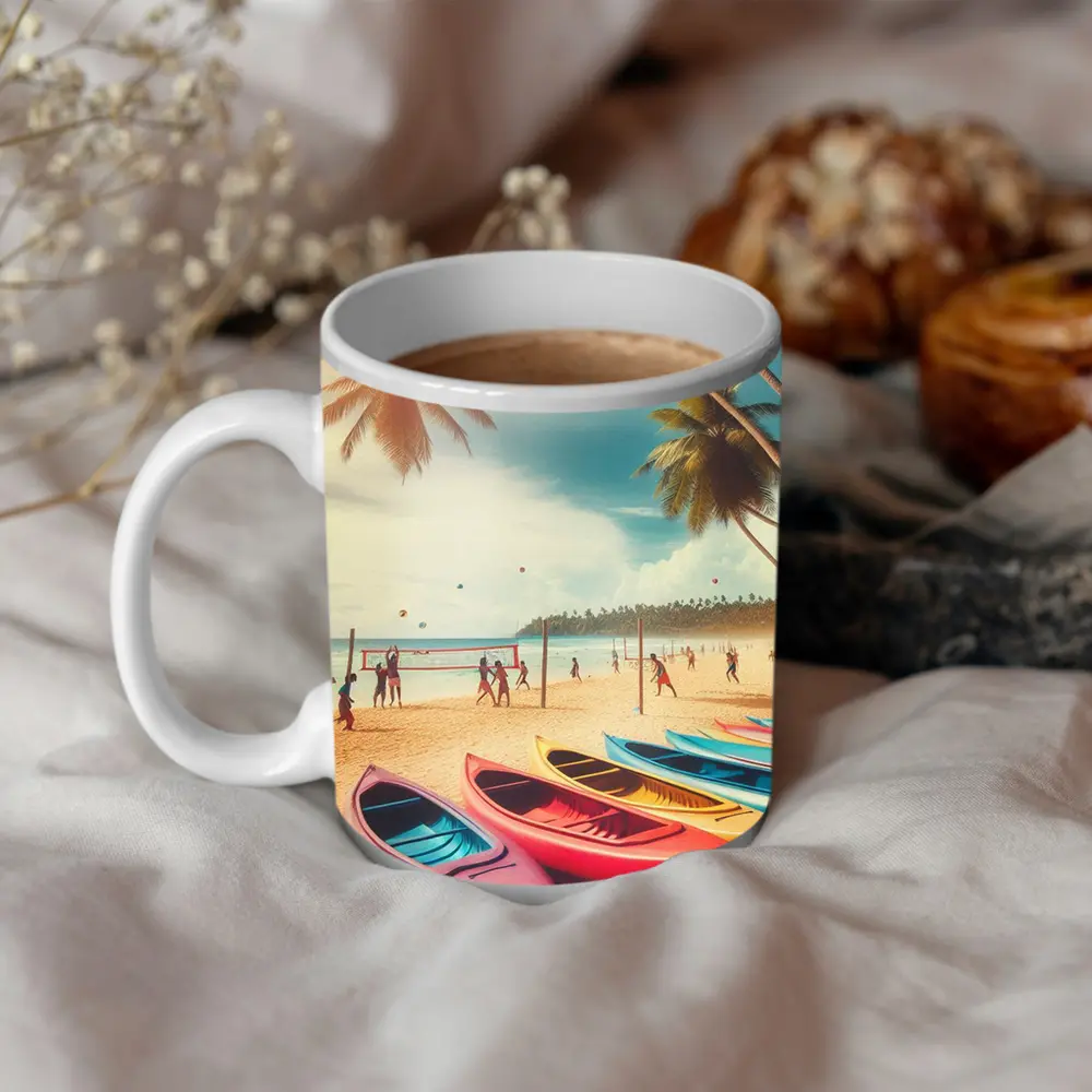 Beach Volleyball Colorful Kayaks Tropical Palm Trees – Mugs