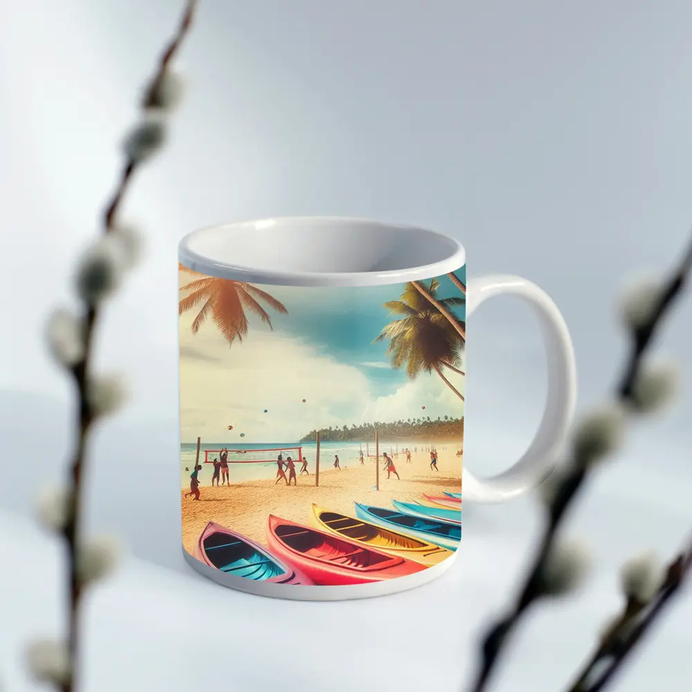 Beach Volleyball Colorful Kayaks Tropical Palm Trees – Mugs