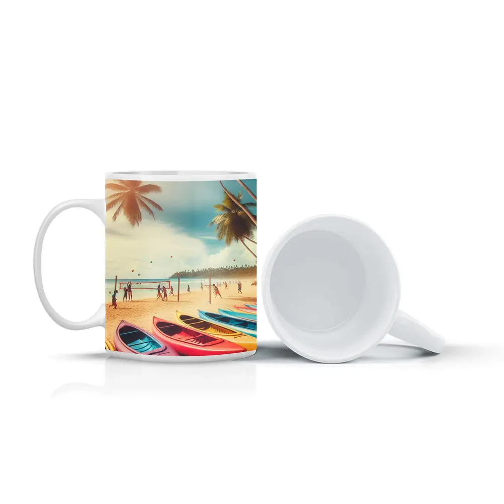 Beach Volleyball Colorful Kayaks Tropical Palm Trees – Mugs