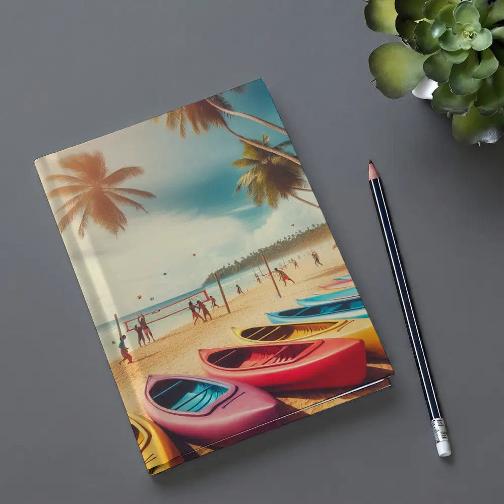 Beach Volleyball Colorful Kayaks Tropical Palm Trees – Notebooks