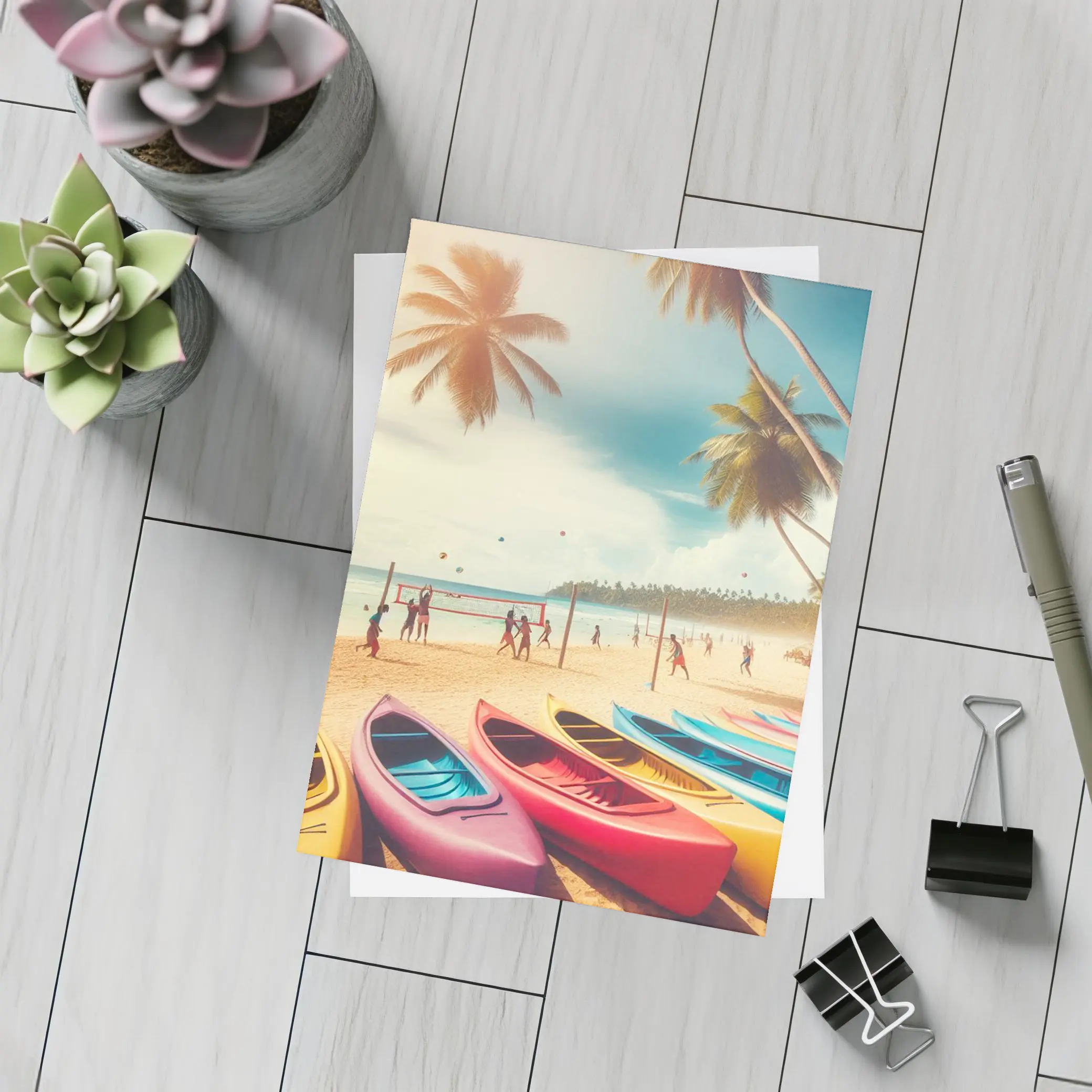 Beach Volleyball Colorful Kayaks Tropical Palm Trees – Postcards