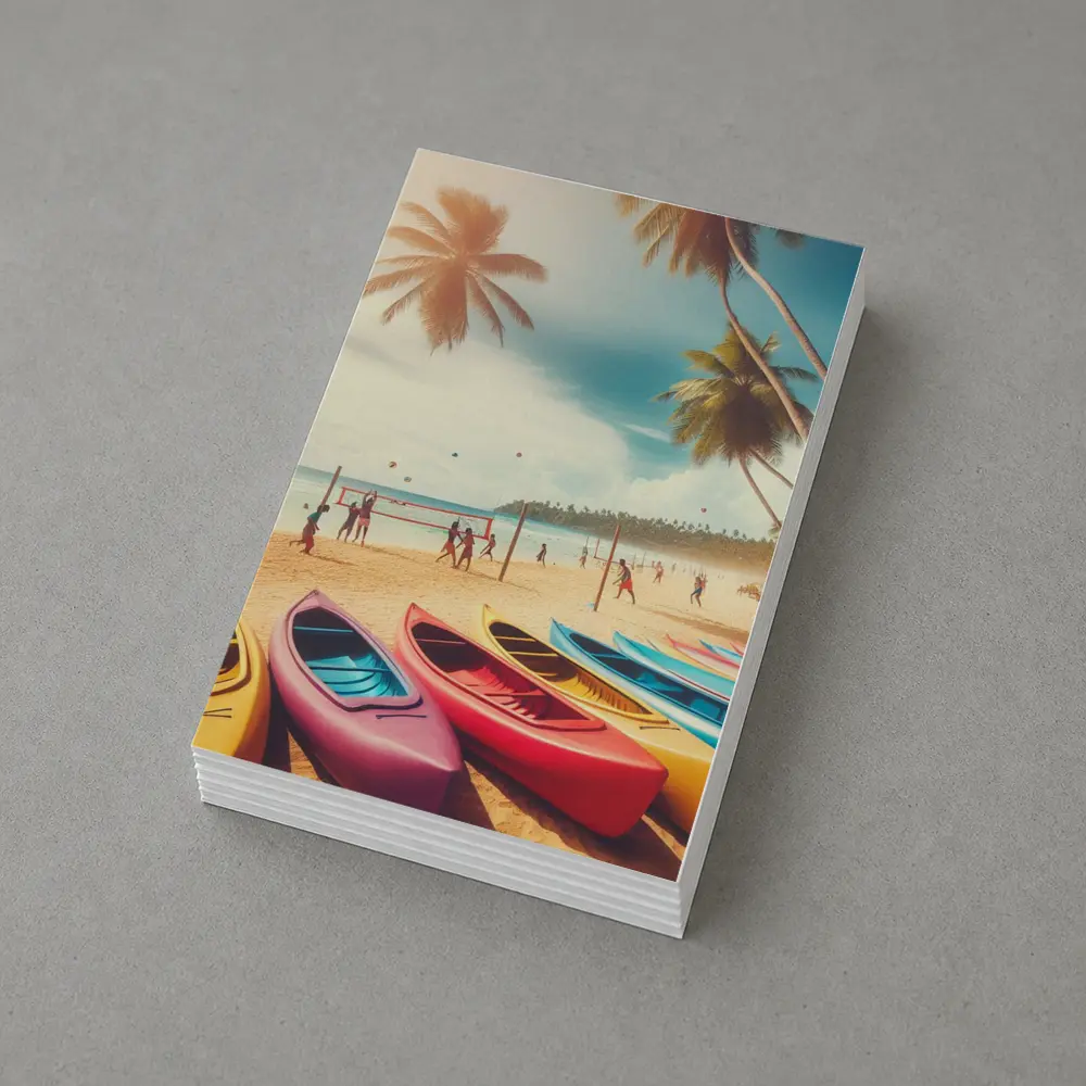 Beach Volleyball Colorful Kayaks Tropical Palm Trees – Postcards