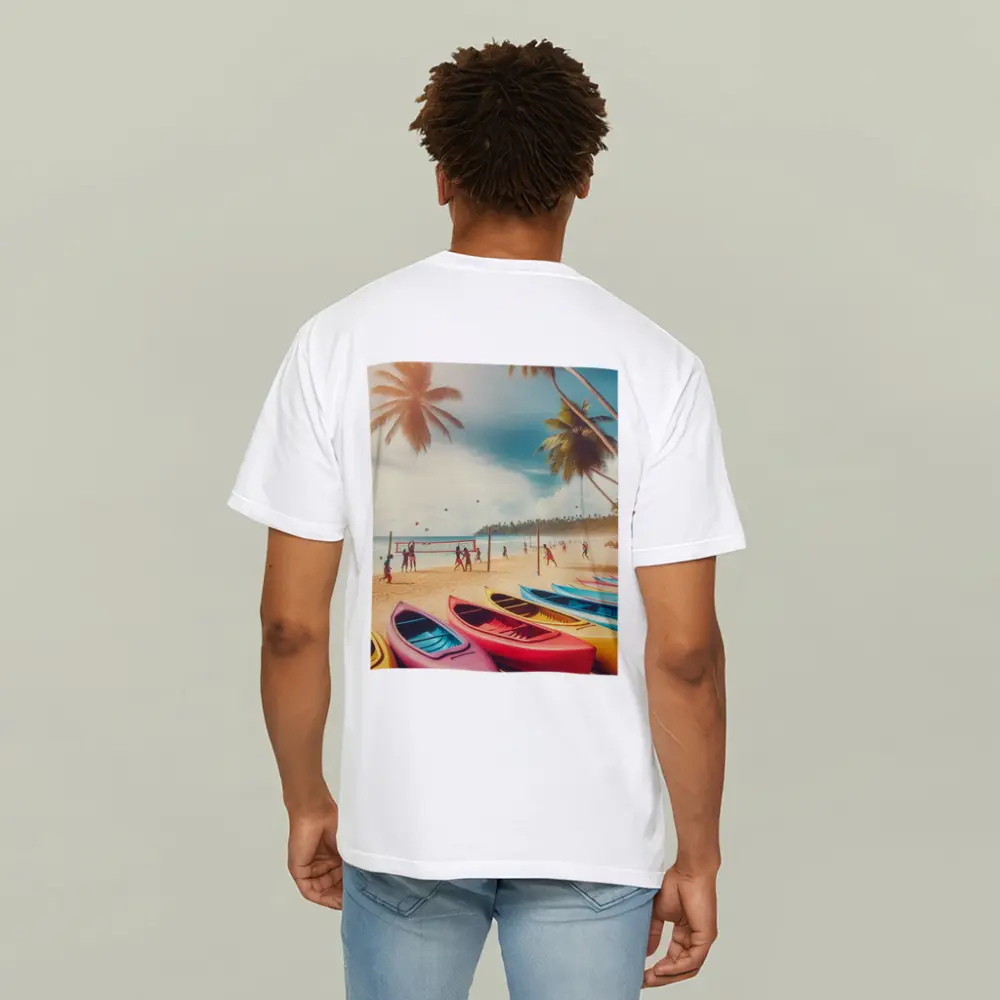 Beach Volleyball Colorful Kayaks Tropical Palm Trees – T-Shirts