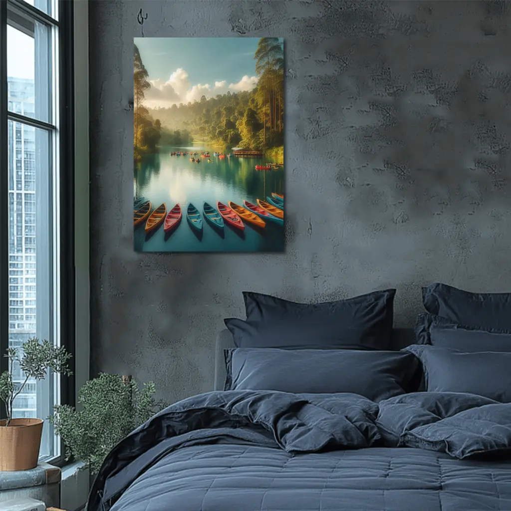 Colorful Canoes on Tranquil Forest Lake – Wall Art
