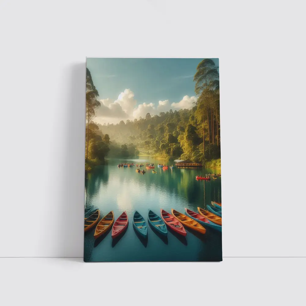 Colorful Canoes on Tranquil Forest Lake – Wall Art