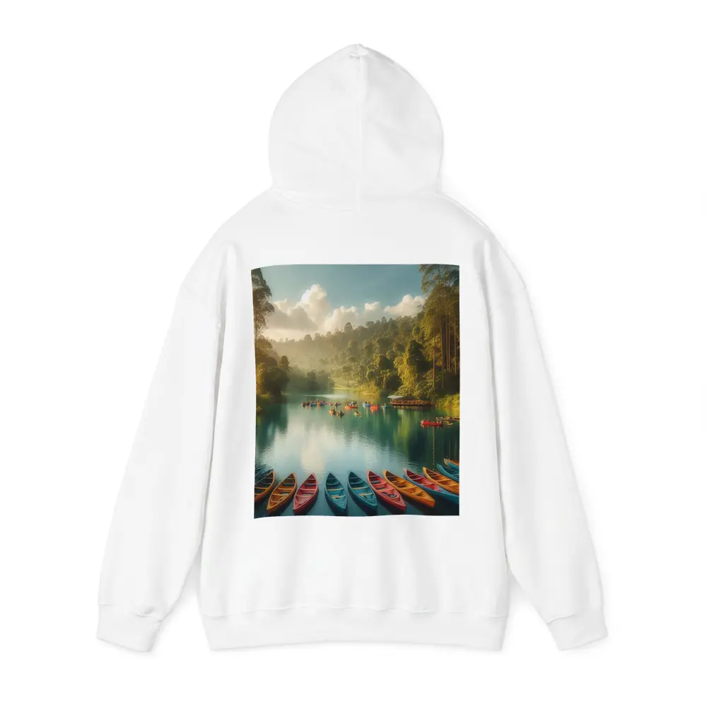 Colorful Canoes on Tranquil Forest Lake – Hoodies
