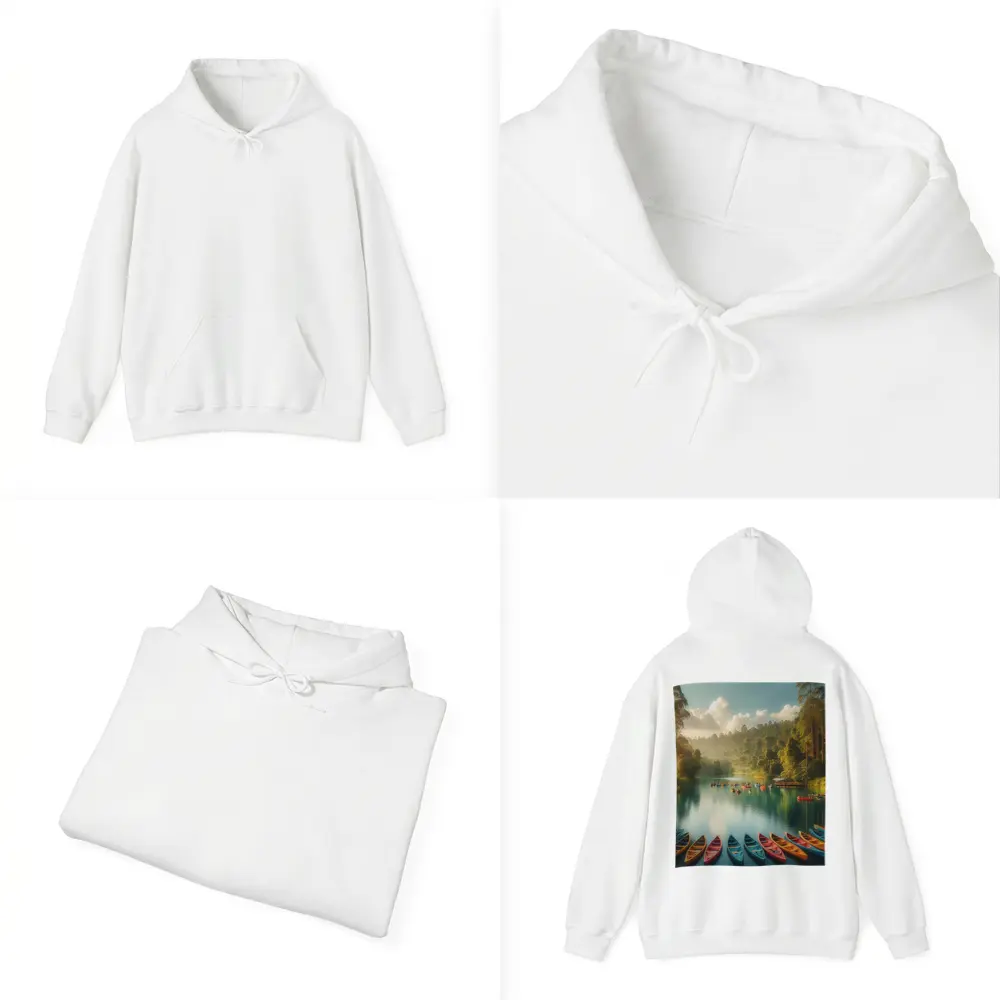Colorful Canoes on Tranquil Forest Lake – Hoodies