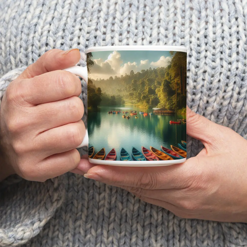 Colorful Canoes on Tranquil Forest Lake – Mugs