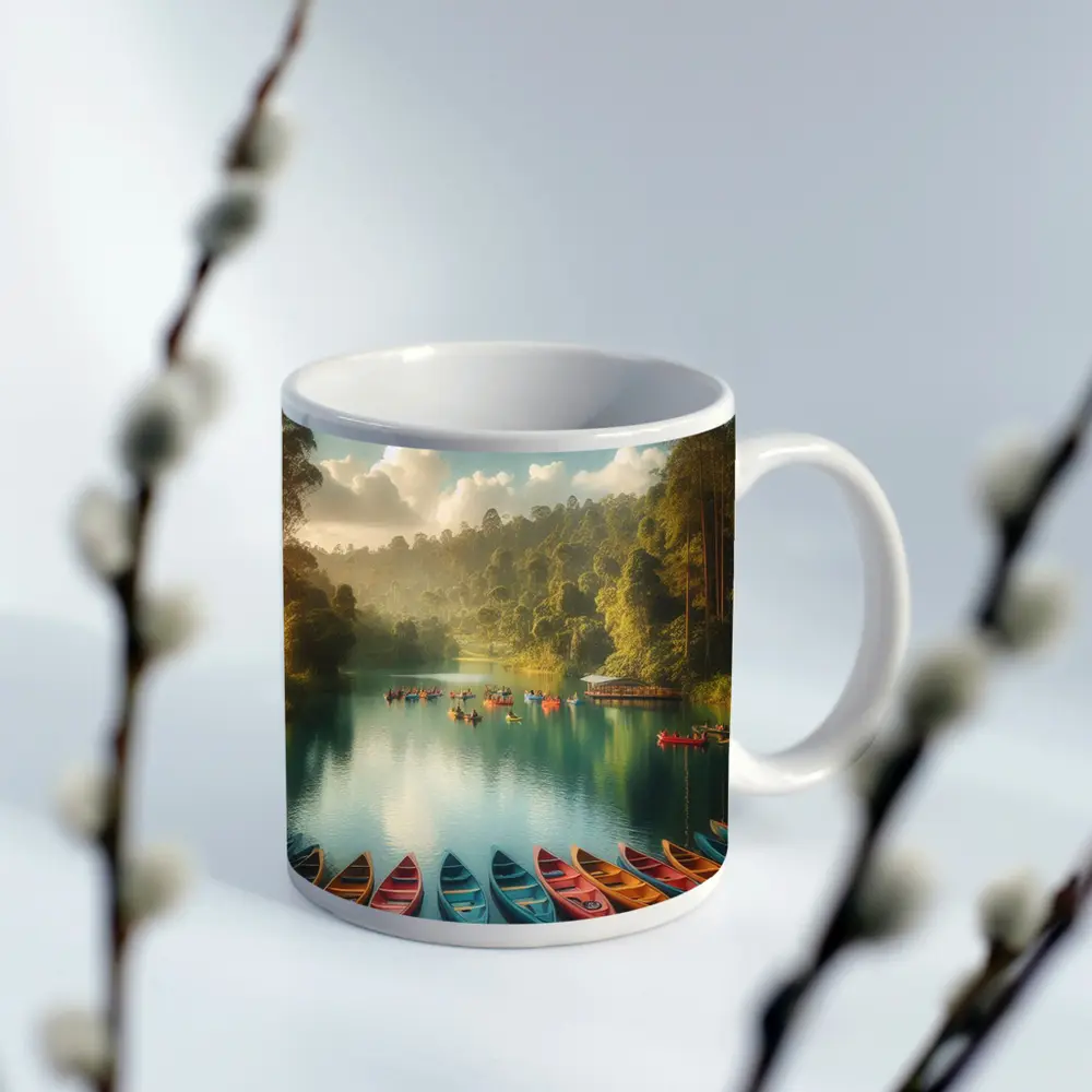 Colorful Canoes on Tranquil Forest Lake – Mugs
