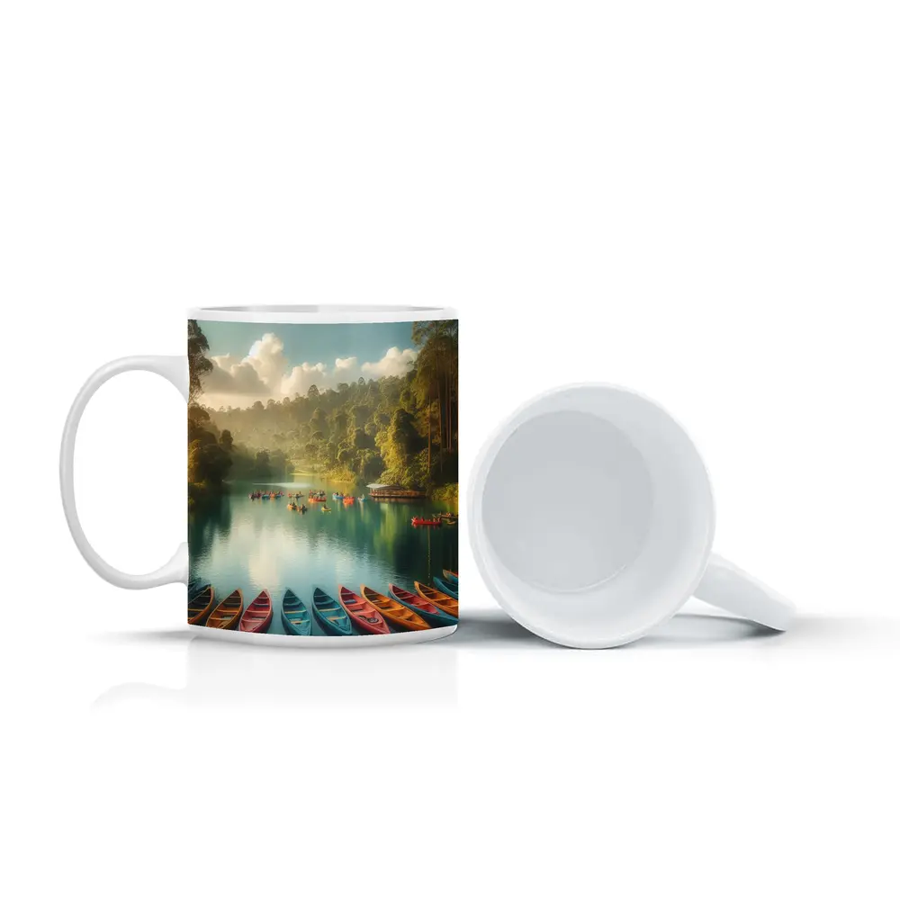 Colorful Canoes on Tranquil Forest Lake – Mugs