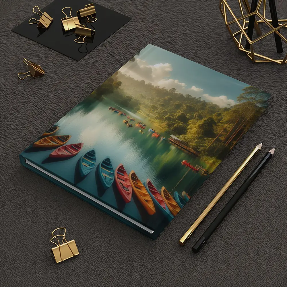 Colorful Canoes on Tranquil Forest Lake – Notebooks