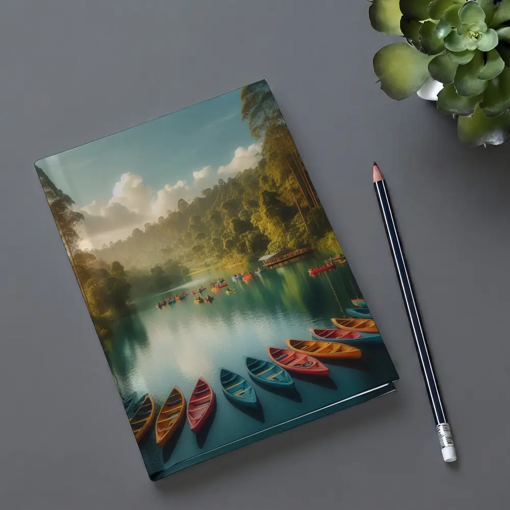 Colorful Canoes on Tranquil Forest Lake – Notebooks