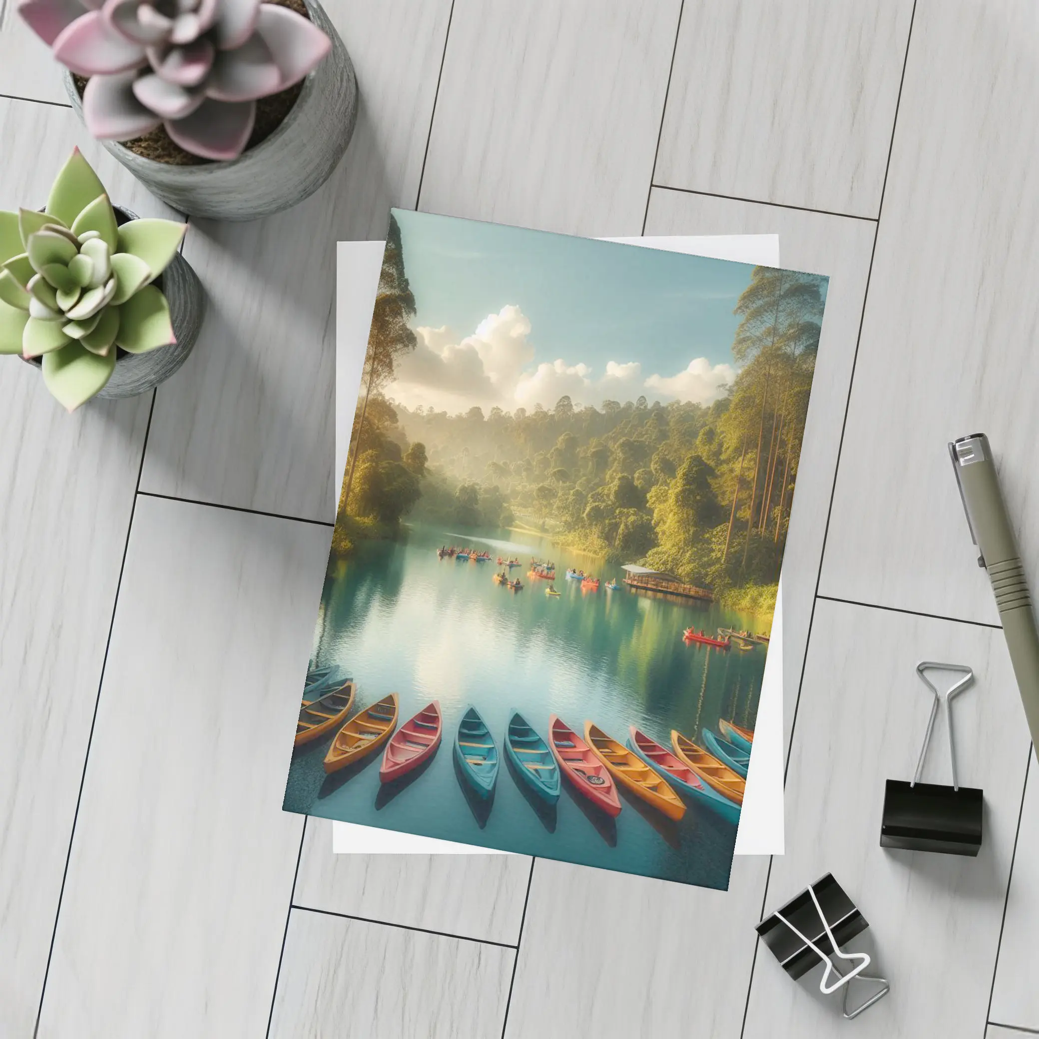 Colorful Canoes on Tranquil Forest Lake – Postcards