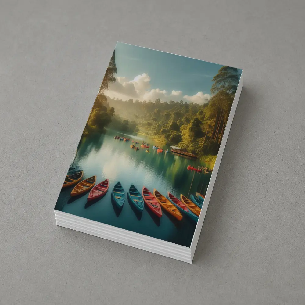 Colorful Canoes on Tranquil Forest Lake – Postcards