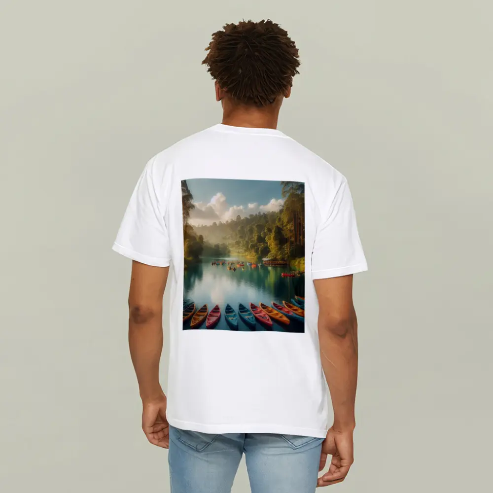 Colorful Canoes on Tranquil Forest Lake – T-Shirts