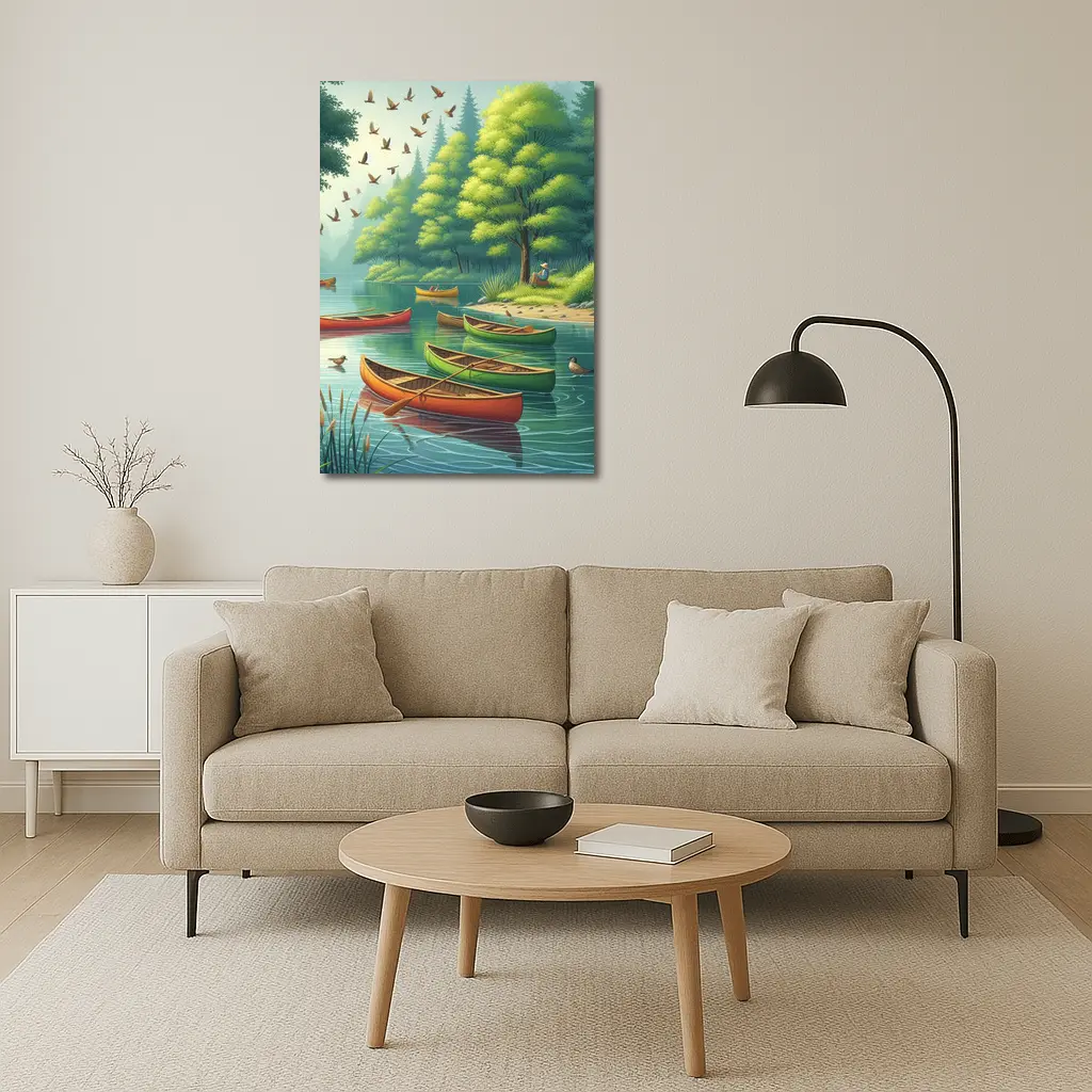 Colorful Canoes Floating on Calm Forest Lake – Wall Art