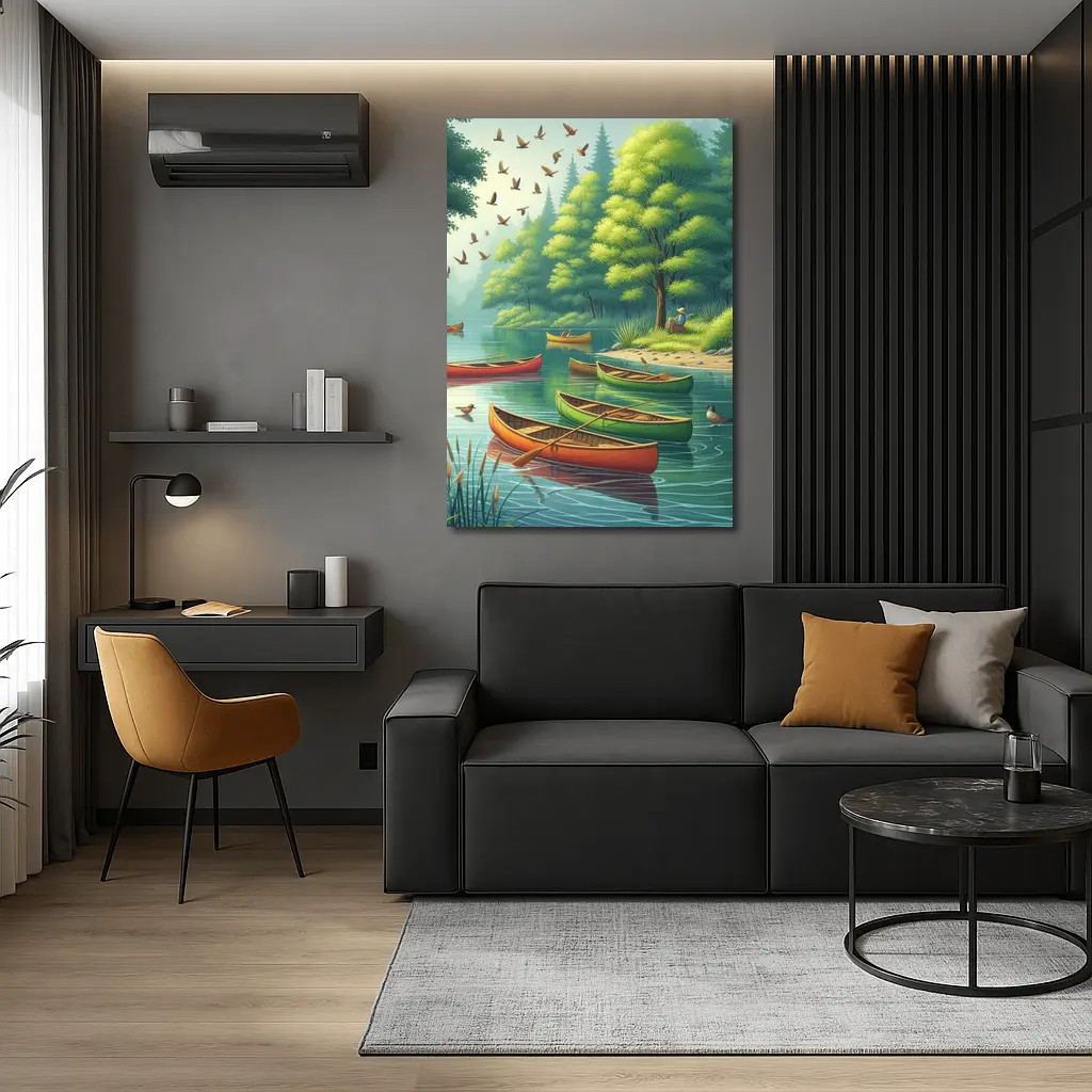 Colorful Canoes Floating on Calm Forest Lake – Wall Art