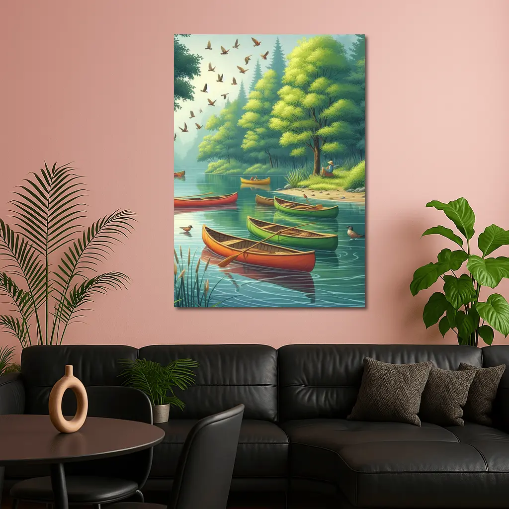 Colorful Canoes Floating on Calm Forest Lake – Wall Art