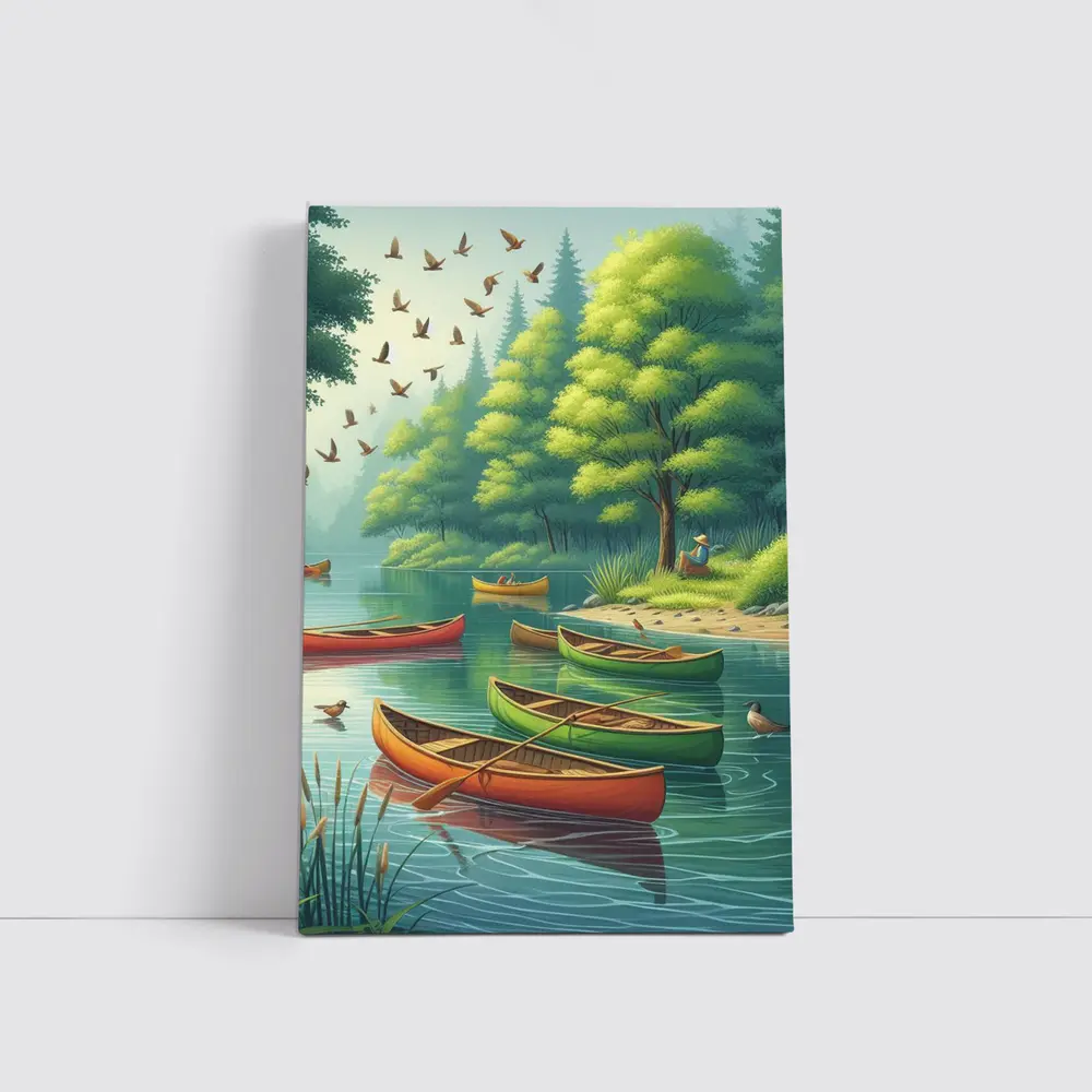 Colorful Canoes Floating on Calm Forest Lake – Wall Art