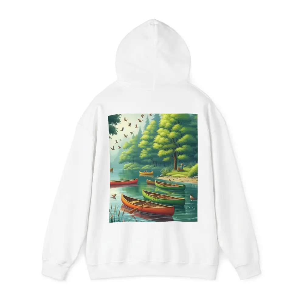 Colorful Canoes Floating on Calm Forest Lake – Hoodies