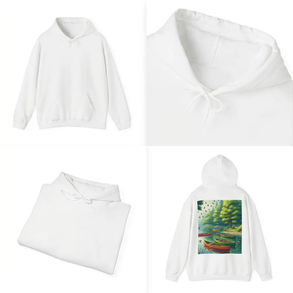 Colorful Canoes Floating on Calm Forest Lake – Hoodies