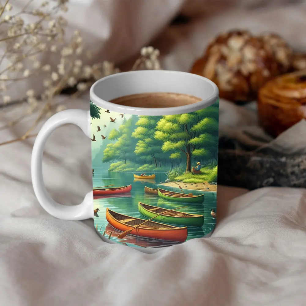 Colorful Canoes Floating on Calm Forest Lake – Mugs