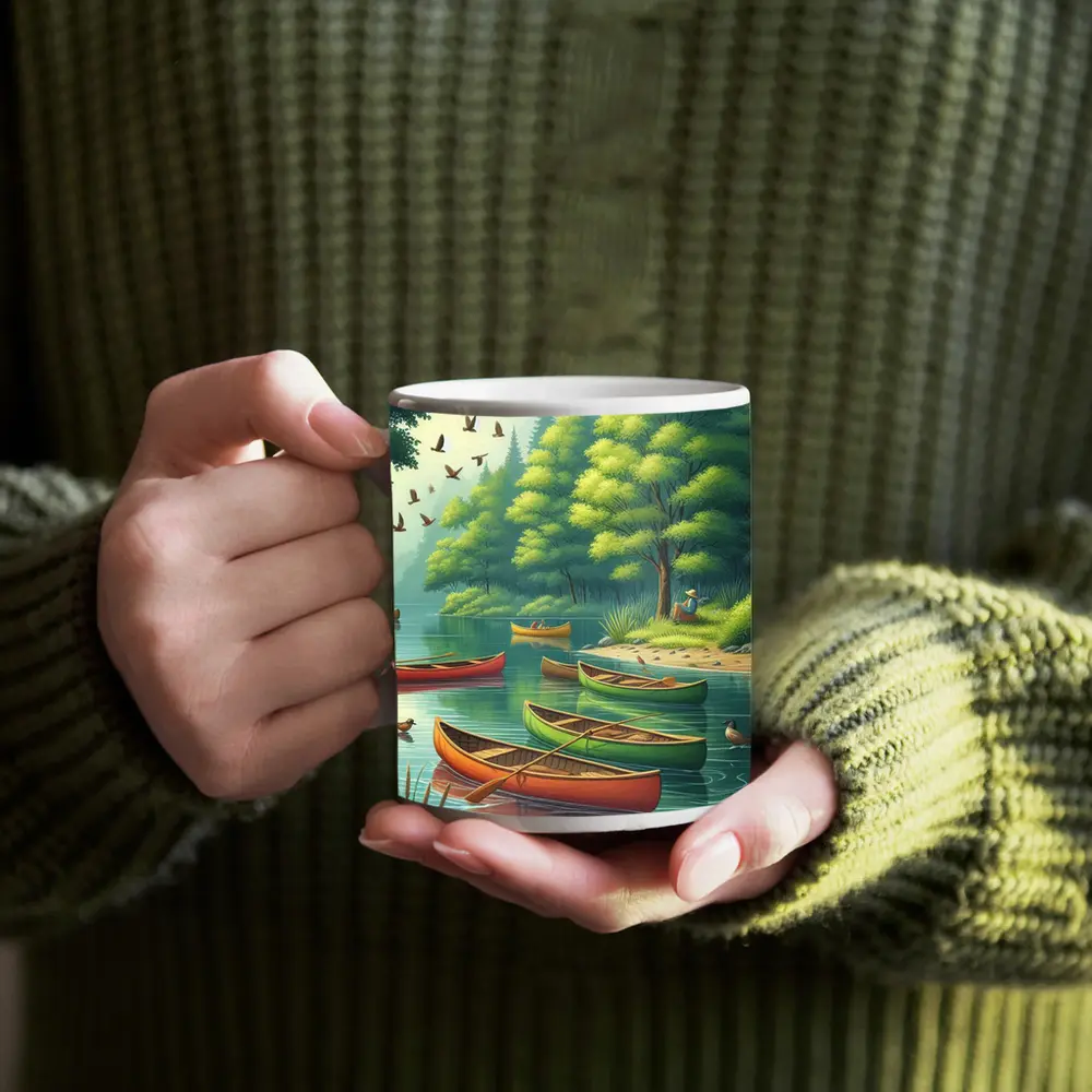 Colorful Canoes Floating on Calm Forest Lake – Mugs
